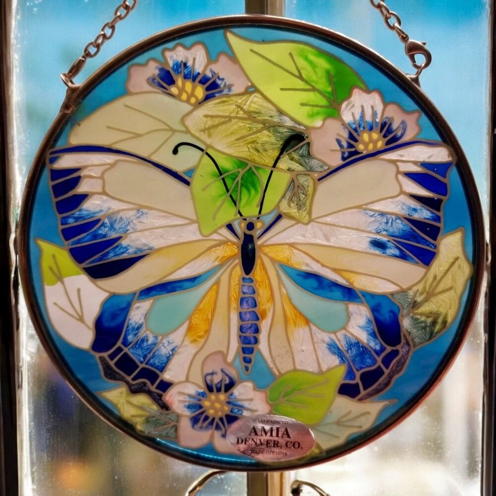 Amia Stained Glass Style Butterfly & Flower Suncatcher Round Indoor Window Decor